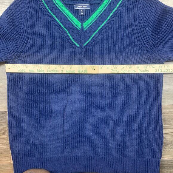 Lands' End Lofty Bobbie Navy Blue Green V-Neck Tennis Sweater Women's XL - Picture 4 of 7